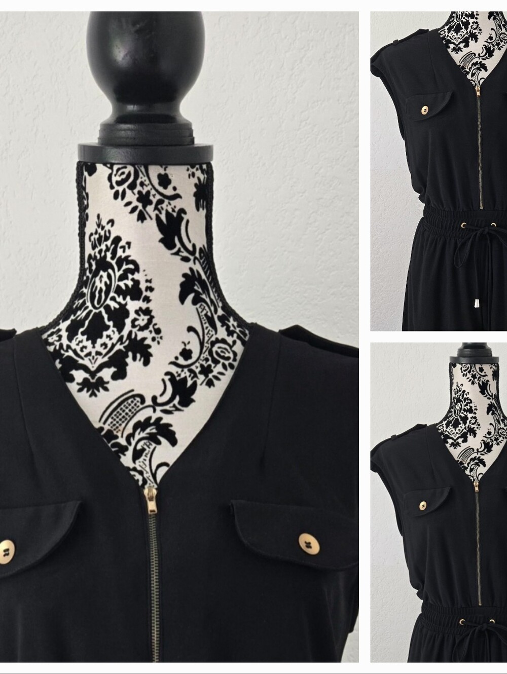 Black Sleeveless Utility Romper with Gold Accents